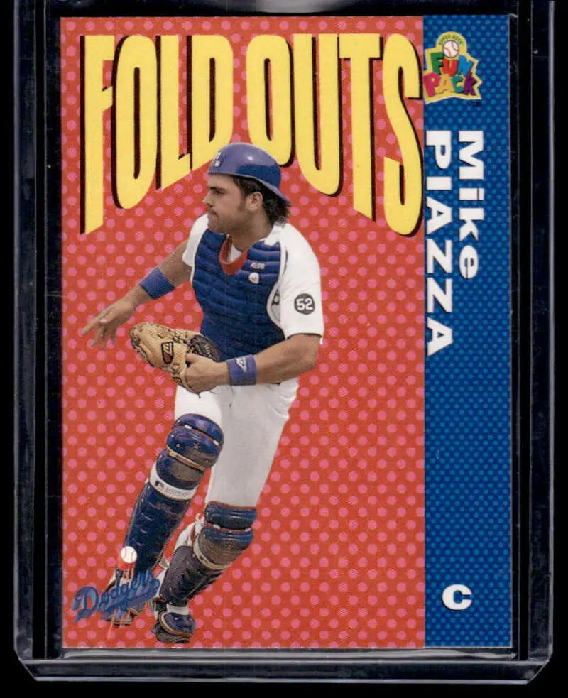 Baseball card of Mike Piazza in a catching stance for Upper Deck Fun Pack collection