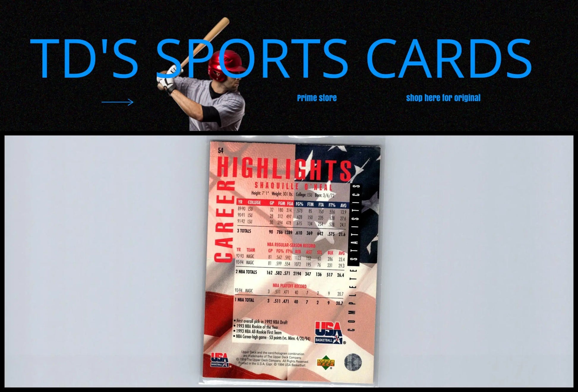 1994 Upper Deck USA #54 Shaquille O’Neal Gold Medal baseball card career highlights