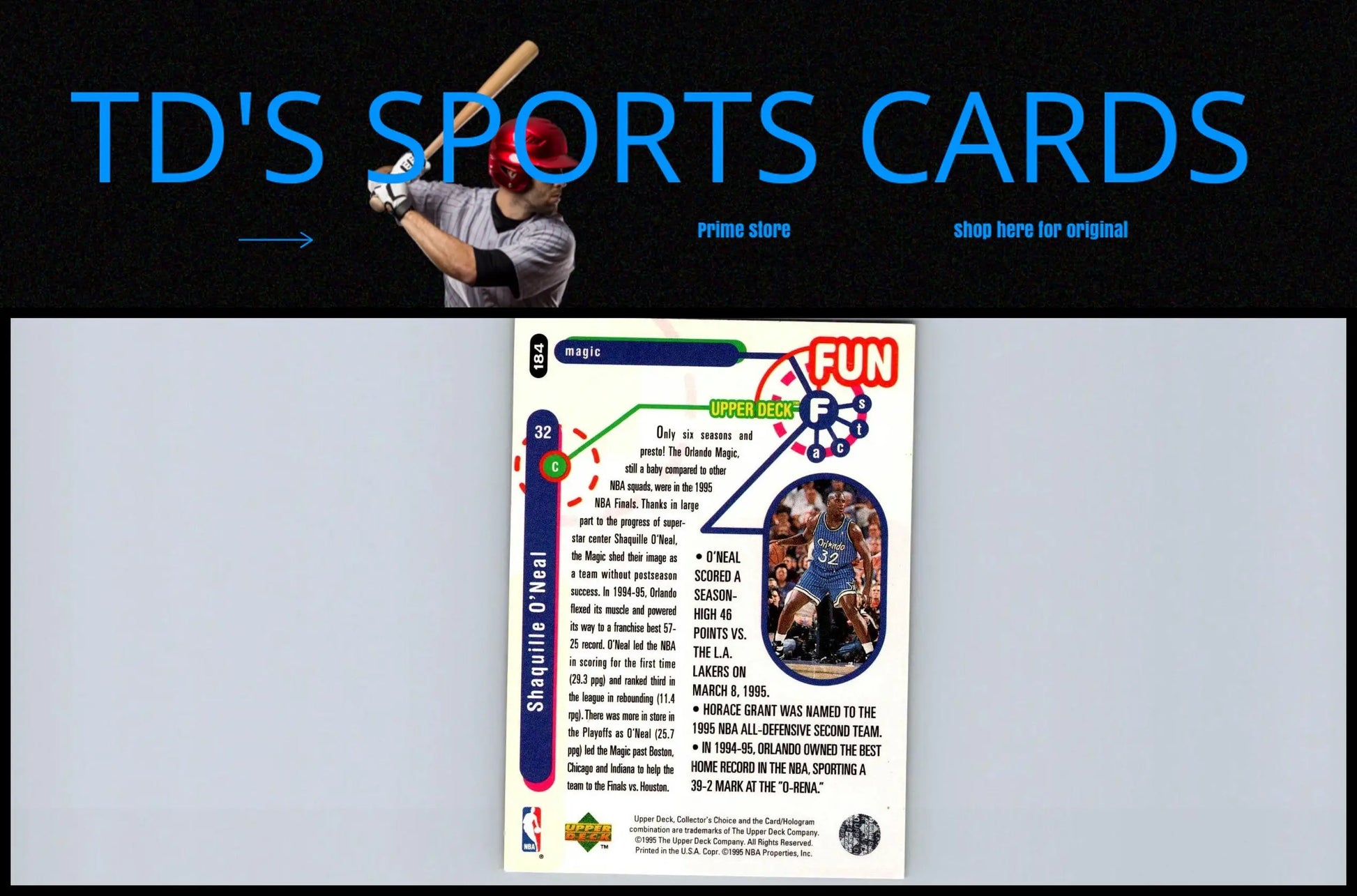 Shaquille O’Neal 1995-96 Collector’s Choice #184 trading card featuring Player’s Club design