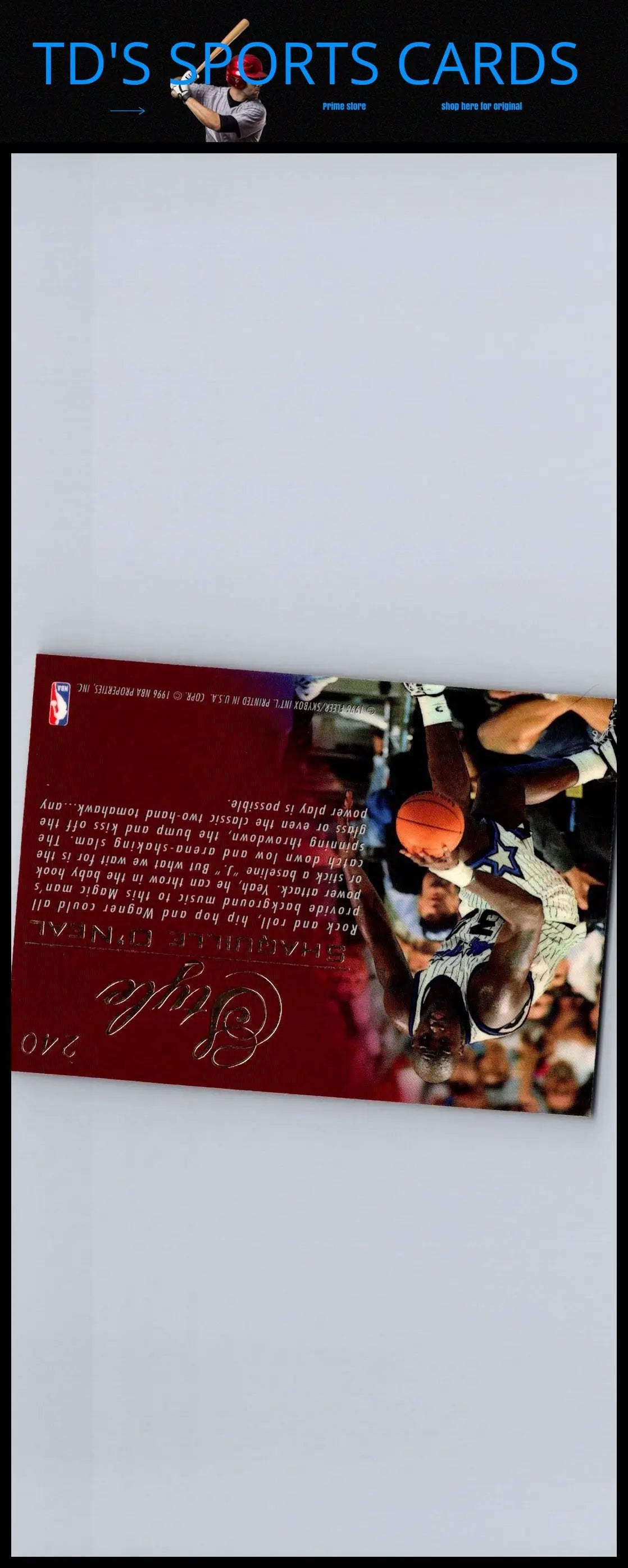 1995-96 Flair #240 Shaquille O’Neal trading card featuring the basketball star’s image
