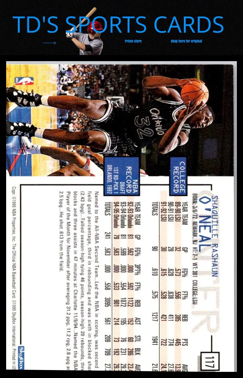 1995-96 Hoops #117 Shaquille O’Neal trading card collectible for basketball fans
