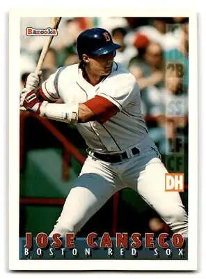 Jose Canseco in white uniform at bat on 1995 Bazooka baseball card trading cards
