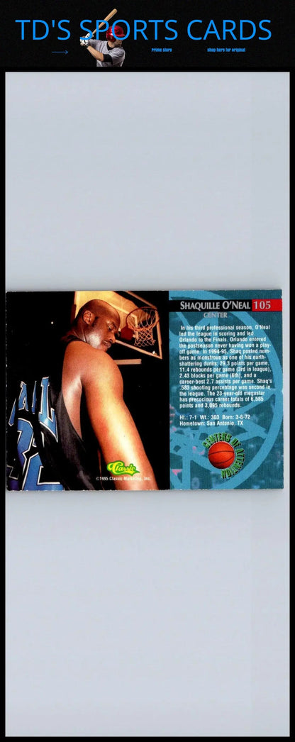 1995 Classic Rookies #105 Shaquille O’Neal trading card showcasing his iconic career