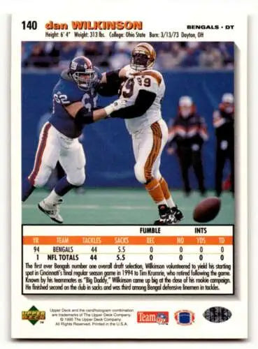 Dan Wilkinson Cincinnati Bengals football card with original gloss, 1995 Collector’s Choice