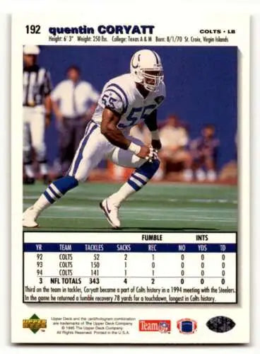 1995 Collector’s Choice #192 Quentin Coryatt Indianapolis Colts original gloss card
