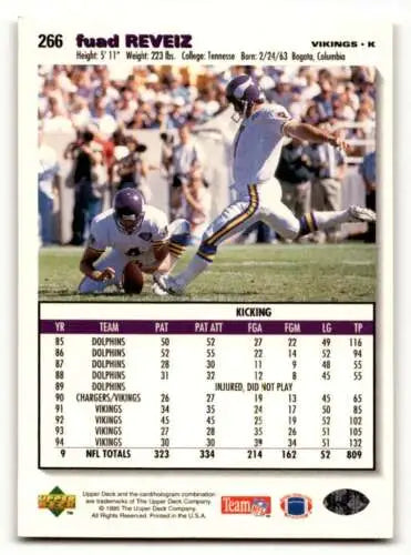 1995 Collector’s Choice #266 Fuad Reveiz Minnesota Vikings Football trading card original gloss