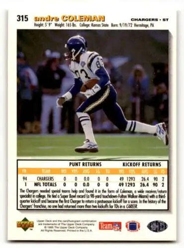 1995 Collector’s Choice #315 Andre Coleman football card featuring original gloss, Coleman San Diego