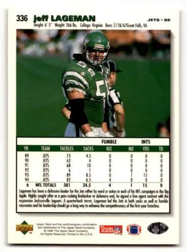 1995 Collector’s Choice #336 Jeff Lageman Jacksonville Jaguars football card original gloss