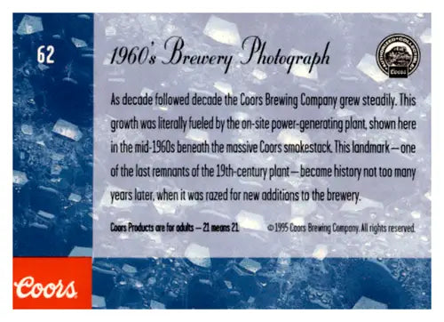 1995 Coors Brewery trading card featuring 1960s brewery photograph with original gloss