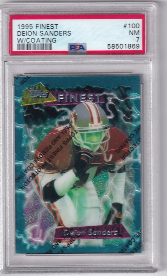 Graded 1995 Finest Deion Sanders football card with coating PSA 7 San Francisco 49ers