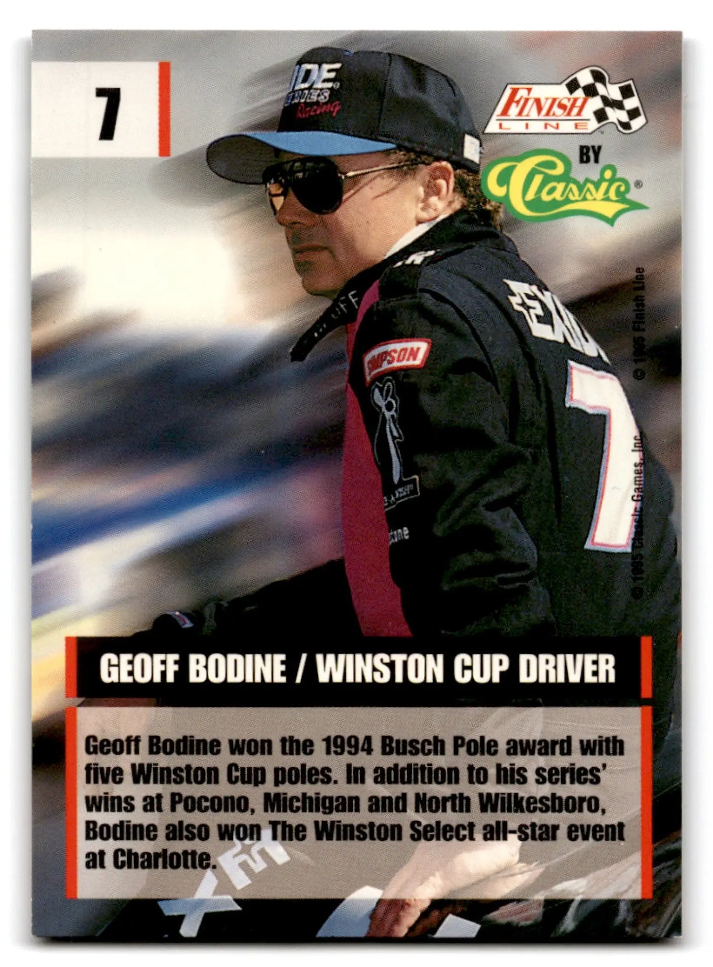 Finish Line Geoff Bodine racing card displayed in the 1995 Finish Line Geoff Bodine #7 product