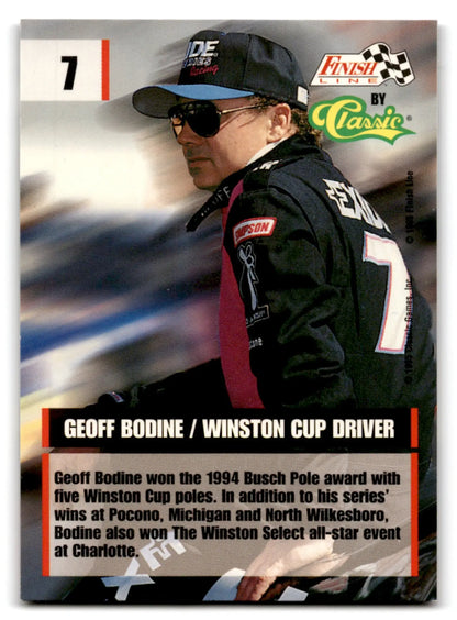 Finish Line Geoff Bodine racing card displayed in the 1995 Finish Line Geoff Bodine #7 product
