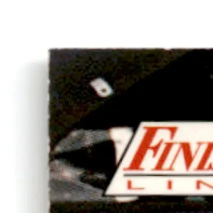 Corner of a black card with a red and white Finish Line Geoff Bodine logo