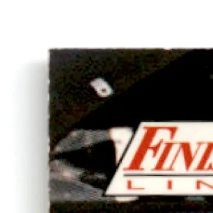 Corner of a black card with a red and white Finish Line Geoff Bodine logo