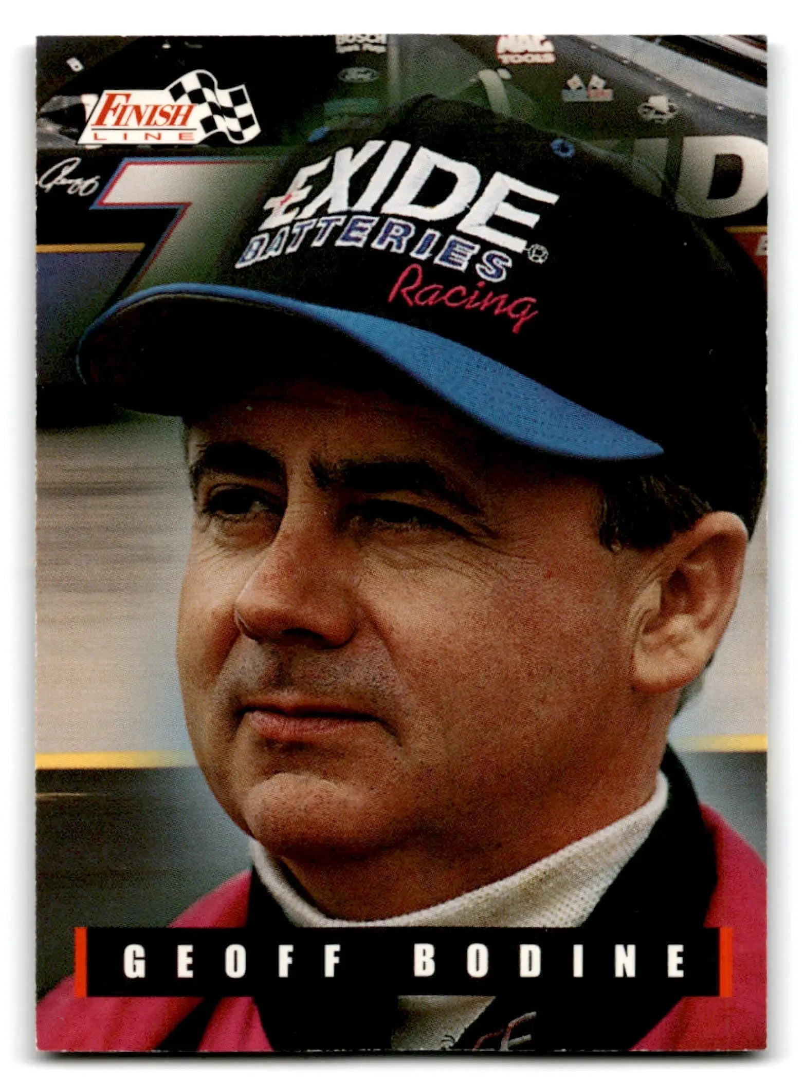 NASCAR trading card featuring Finish Line Geoff Bodine from 1995 Finish Line series