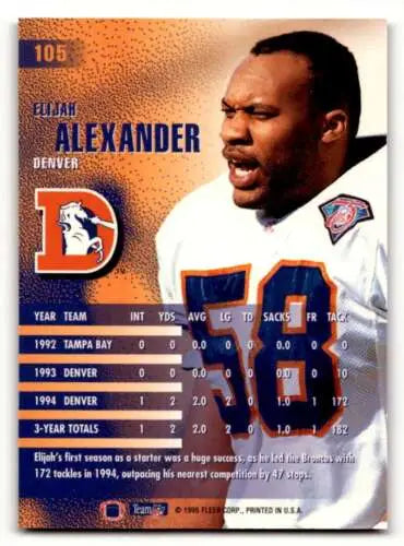 Elijah Alexander Denver Broncos football card, 1995 Fleer #105 original gloss