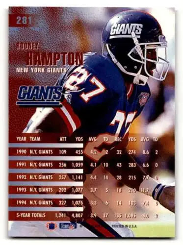 1995 Fleer #281 Rodney Hampton New York Giants Football Card with original gloss design