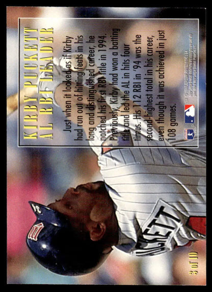 Baseball card of Kirby Puckett in batting stance for Minnesota Twins collectors