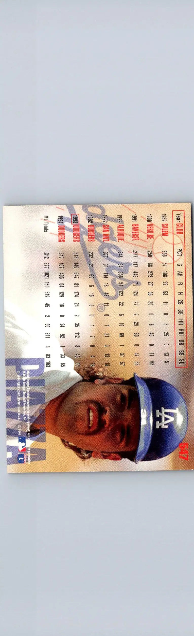 Baseball player calendar featuring Mike Piazza in a blue Dodgers cap for 1995 Fleer #547