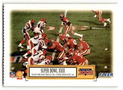 Fleer Shell Super Bowl football card featuring Super Bowl XXIII teams 49ers vs. Bengals
