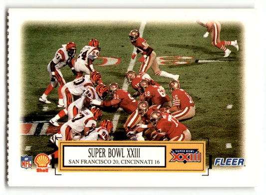Fleer Shell Super Bowl football card featuring Super Bowl XXIII teams 49ers vs. Bengals