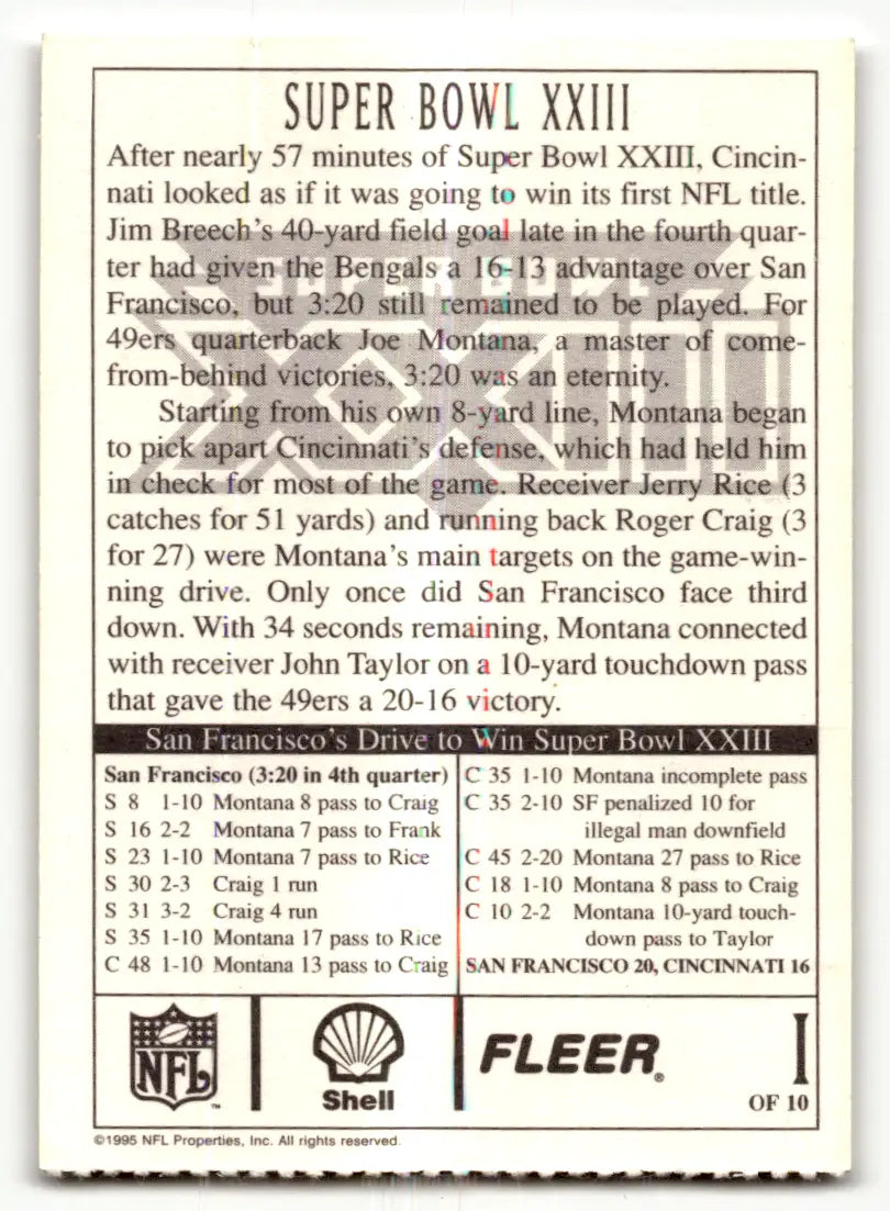 Fleer Shell Super Bowl XXIII trading card featuring San Francisco 49ers vs. Cincinnati Bengals