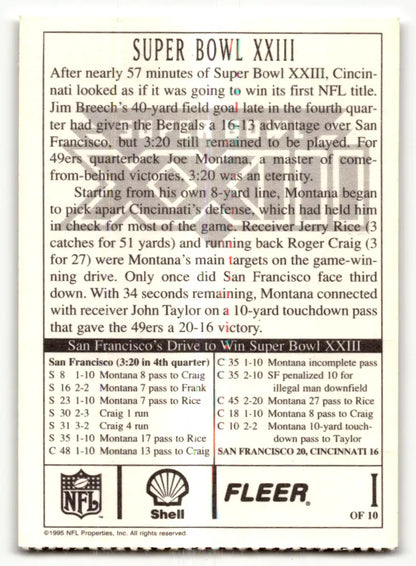 Fleer Shell Super Bowl XXIII trading card featuring San Francisco 49ers vs. Cincinnati Bengals