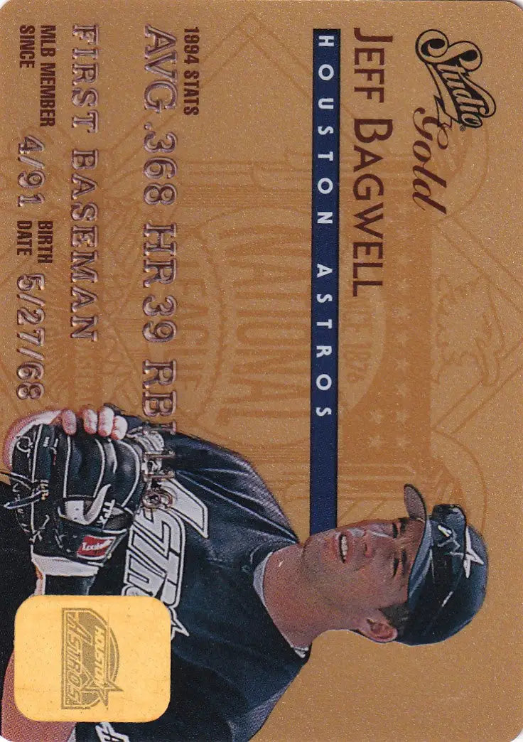 Baseball Gold Credit Card of Jeff Bagwell in Houston Astros black uniform, Leaf Studio Baseball
