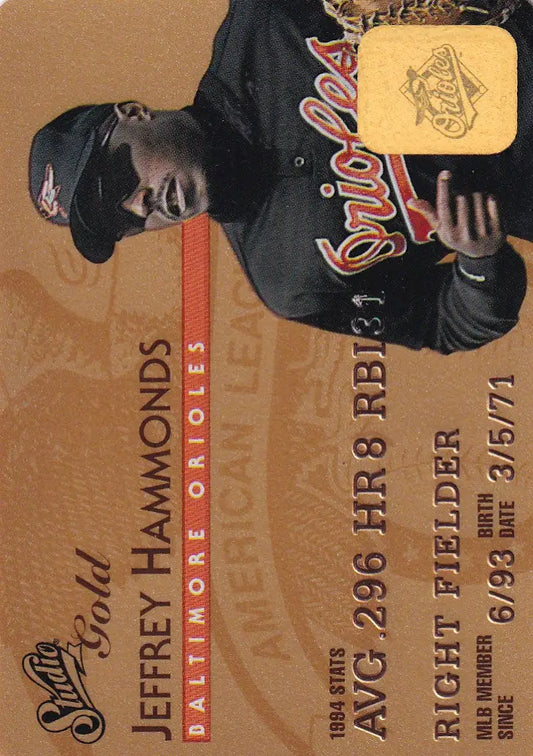Baseball card of Jeffery Hammonds in black Orioles uniform from Leaf Studio Baseball Gold