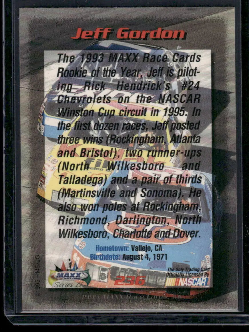 Sports trading card featuring Jeff Gordon from 1995 MAXX Jeff Gordon series