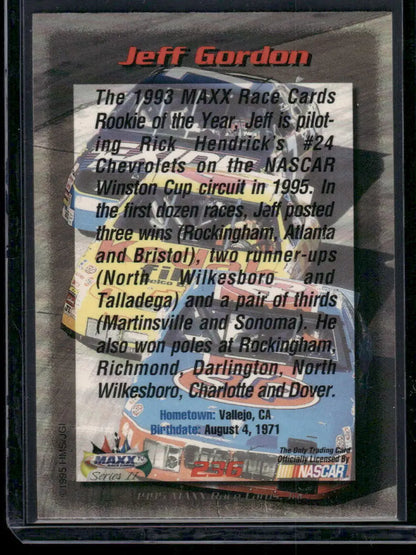 Sports trading card featuring Jeff Gordon from 1995 MAXX Jeff Gordon series