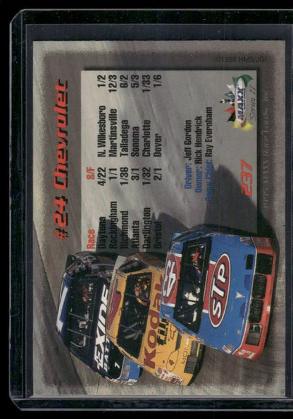 NASCAR racing card featuring three cars and race stats from Maxx Series II Jeff Gordon