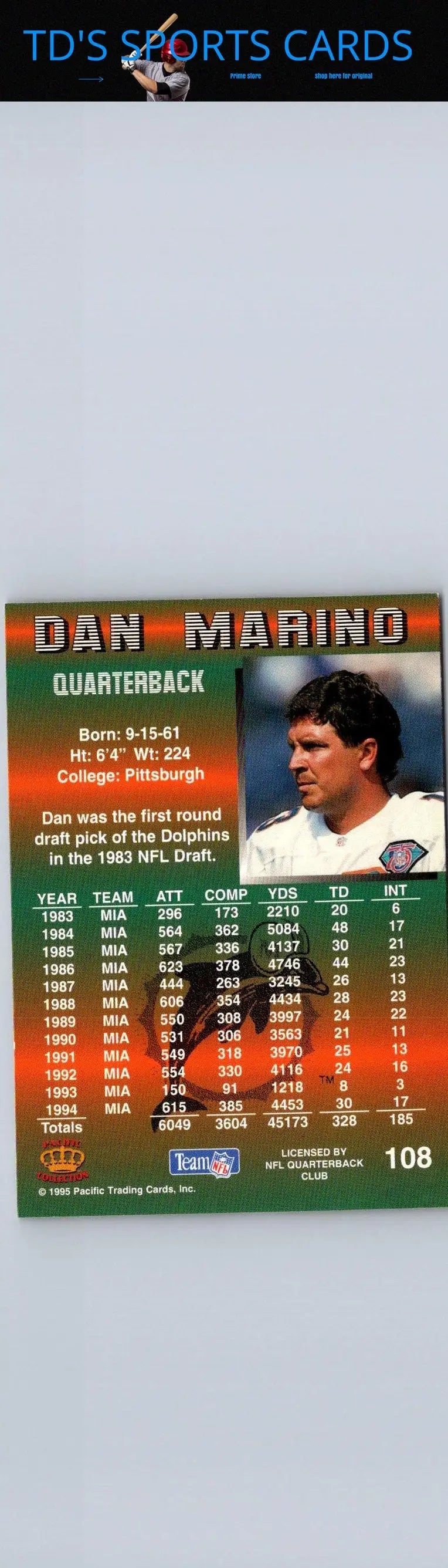 Vintage 1995 Pacific Dan Marino football trading card for collectors