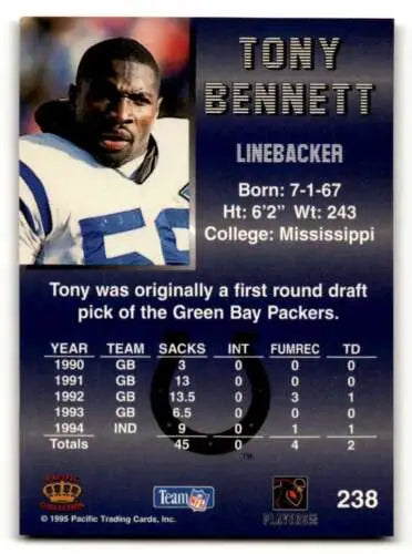 Tony Bennett Indianapolis Colts football card with original gloss from 1995 Pacific