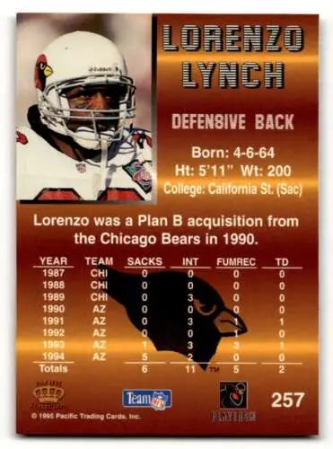Lorenzo Lynch Arizona Cardinals football card with original gloss 1995 Pacific #257