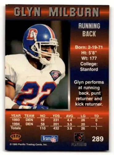 Glyn Milburn Denver Broncos 1995 Pacific football card with original gloss finish