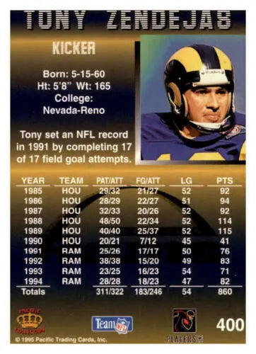 1995 Pacific #400 Tony Zendejas NM Near Mint Rams football card with original gloss