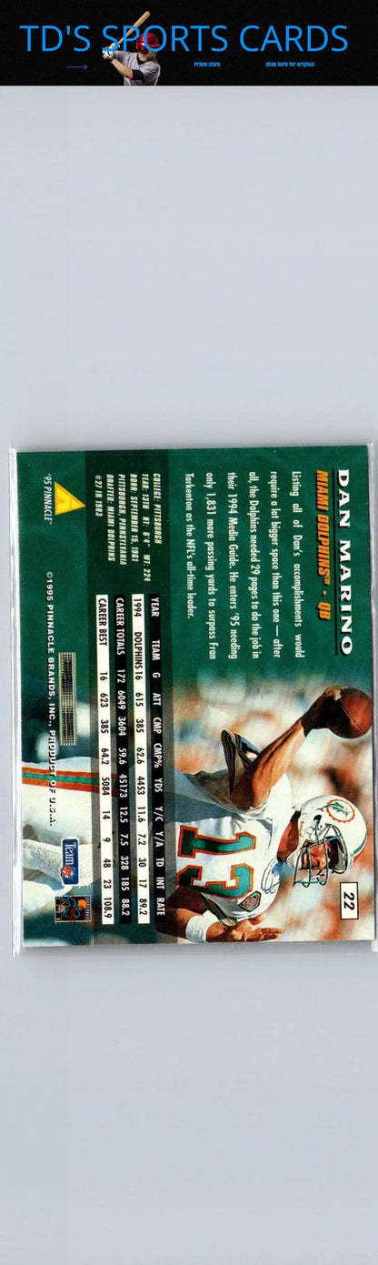 1995 Pinnacle Dan Marino football card showcasing NFL legend collectible item