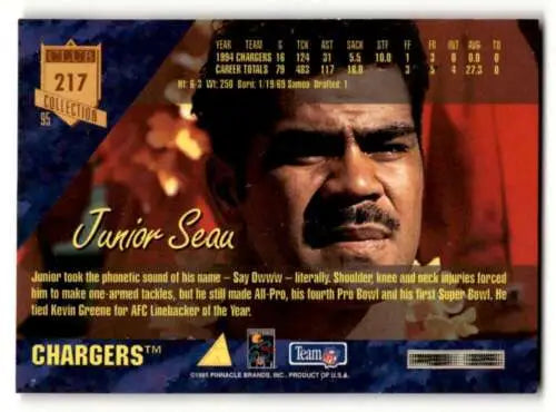1995 Pinnacle Club Collection Junior Seau San Diego Chargers original gloss football card