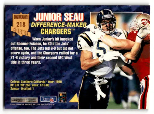 Junior Seau football card from the 1995 Pinnacle Club Collection with original gloss