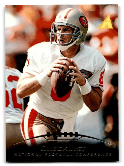 Football trading card of a quarterback in white and red uniform from Pinnacle Football NFC Checklist Trophy Collection