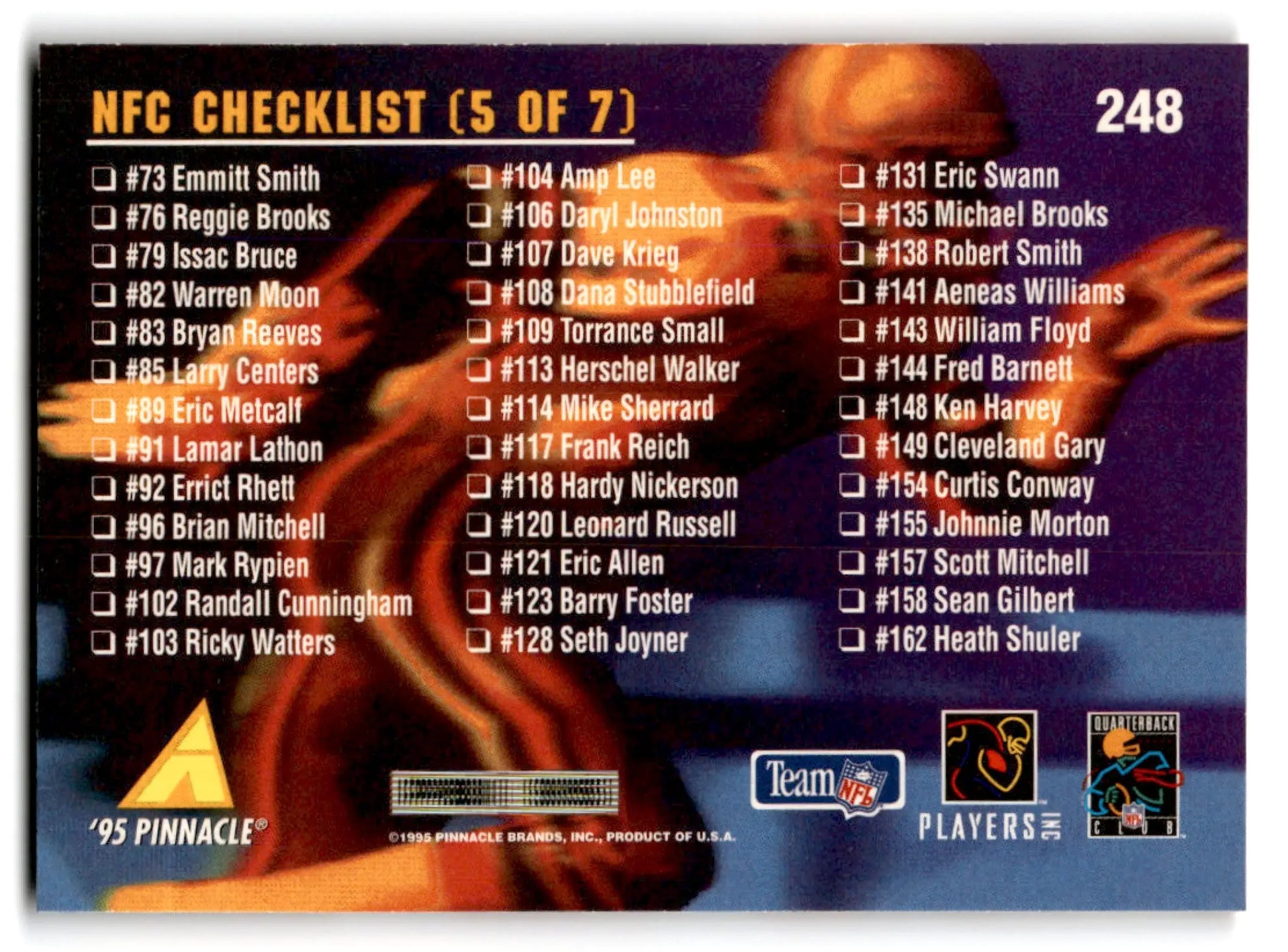 Pinnacle Football NFC checklist featuring player names and numbers for 1995 Pinnacle set