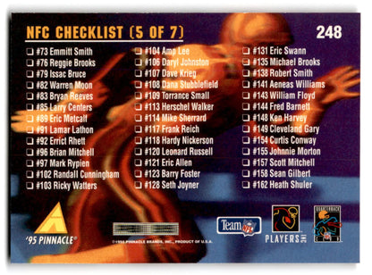 Pinnacle Football NFC checklist featuring player names and numbers for 1995 Pinnacle set