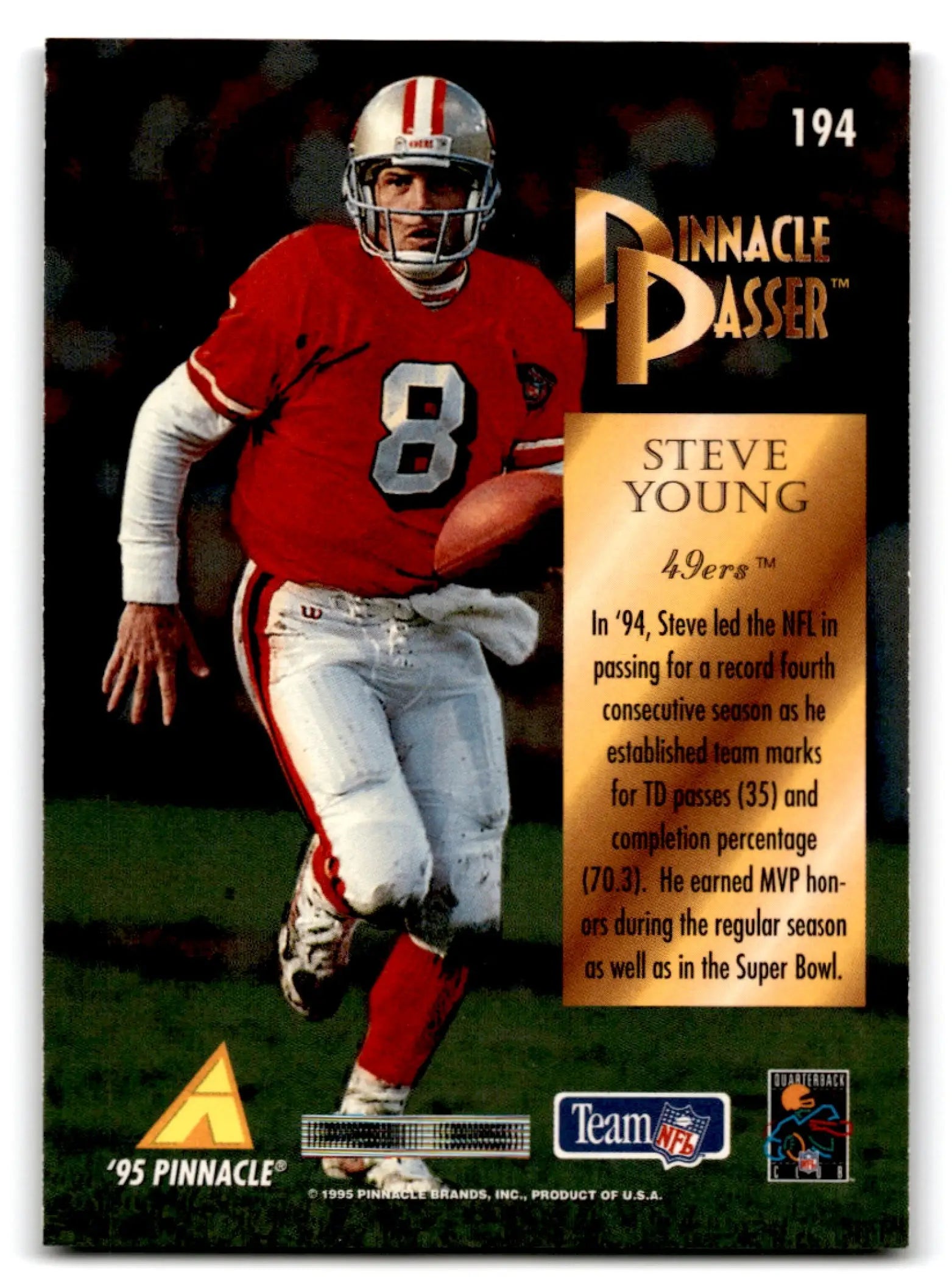 1995 Pinnacle Football Steve Young card featuring San Francisco 49ers collectible