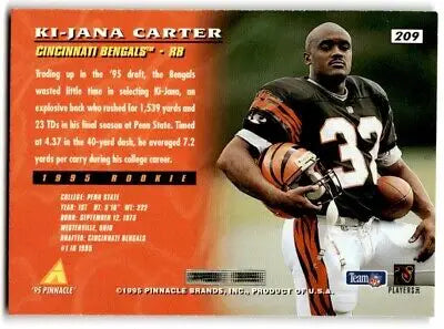 1995 Pinnacle Ki-Jana Carter Rookie Cincinnati Bengals football card displaying text-align center