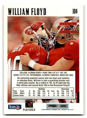 1995 Score #104 William Floyd trading card featuring the NFL star William Floyd