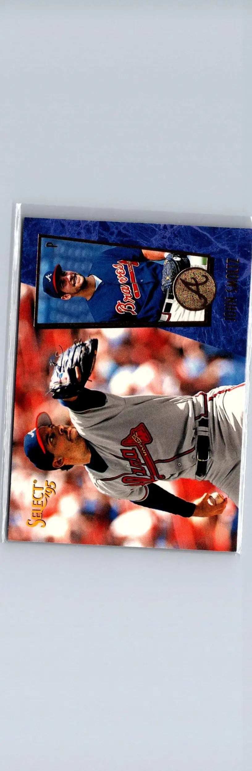 Baseball trading card featuring John Smoltz in pitching motion from 1995 Select #189
