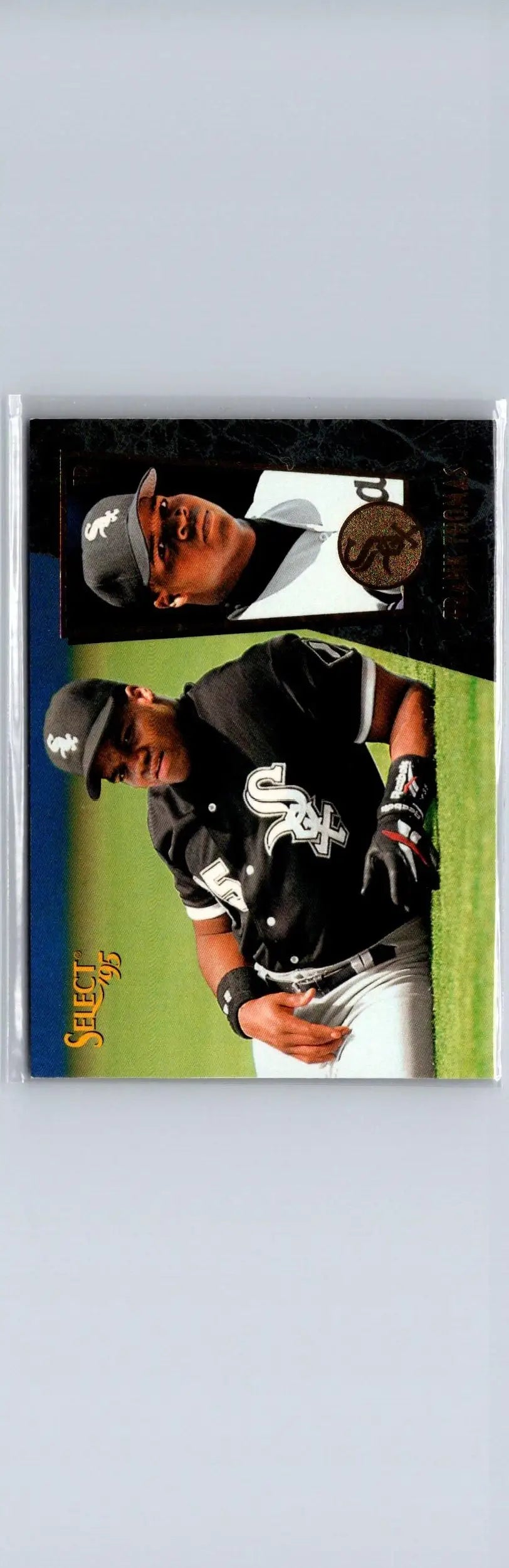 Baseball trading card featuring Frank Thomas in a Chicago White Sox uniform from 1995 Select