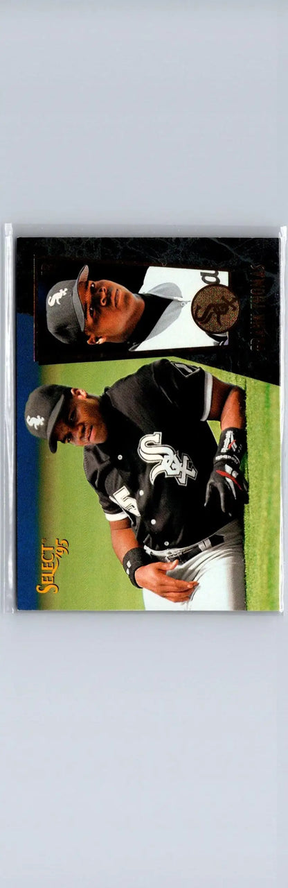 Baseball trading card featuring Frank Thomas in a Chicago White Sox uniform from 1995 Select