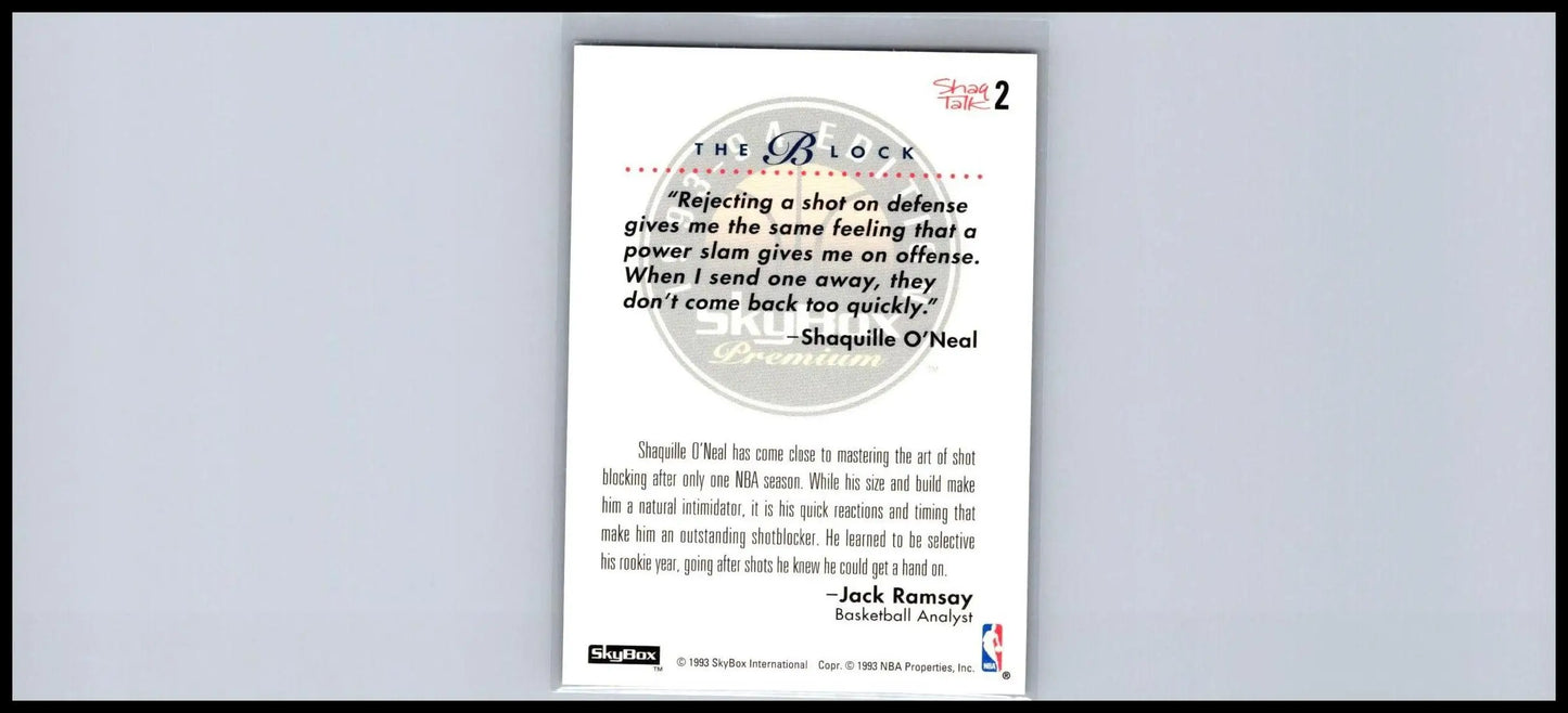 Back of 1995 SkyBox Shaquille O’Neal Commemorative Sheet Singles #S2 basketball card
